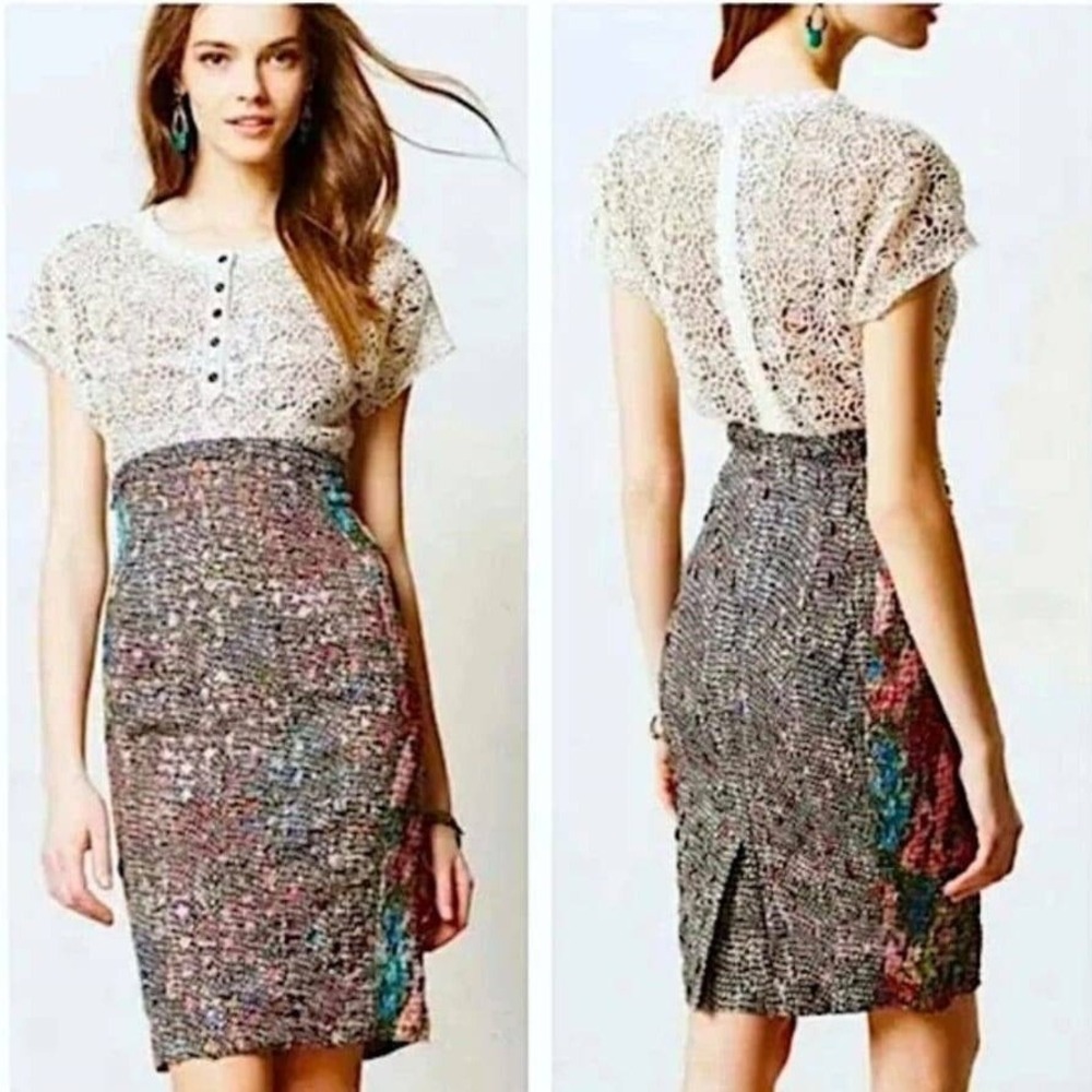 Beguile by Byron Lars Lace Floral‎ Mixed Media Sheath Dress Size 0 White Multi